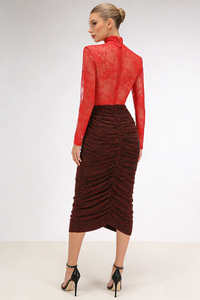 Lace Crystal Embellished Draped Dress In Red