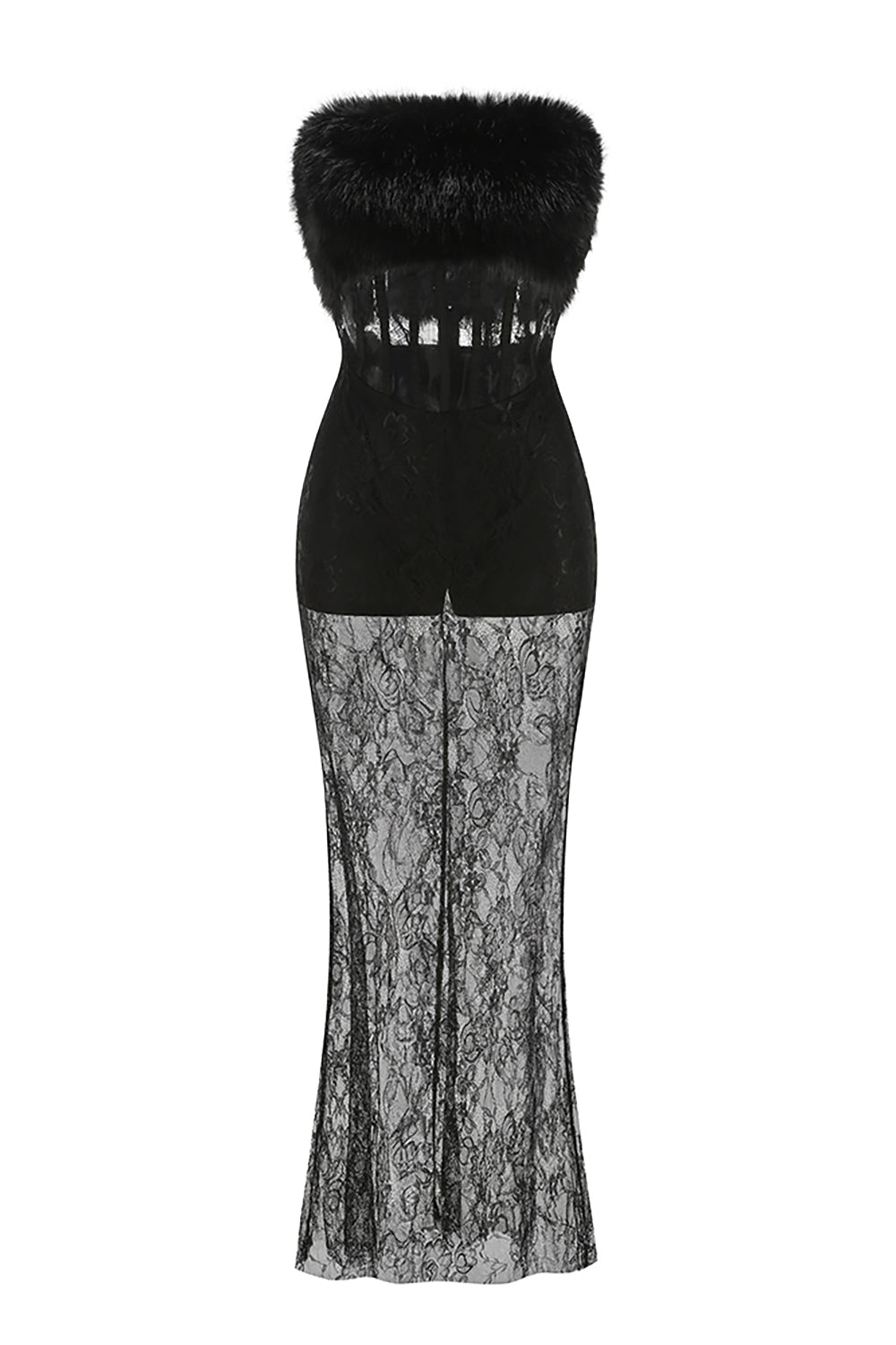 Lace Faux Fur Trim Gown