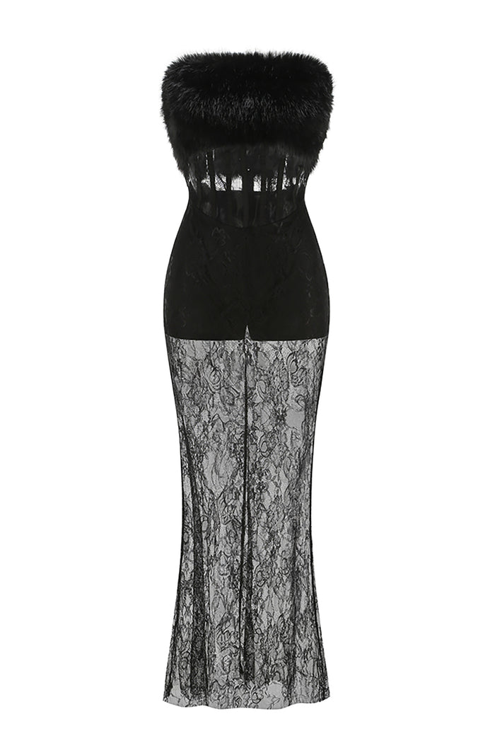 Lace Faux Fur Trim Gown