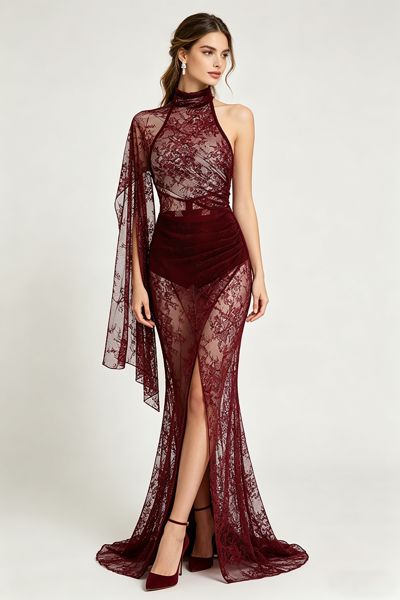 Lace Open-Back Cape-effect Maxi Dress in Cabernet