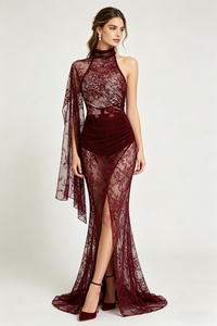 Lace Open-Back Cape-effect Maxi Dress in Cabernet