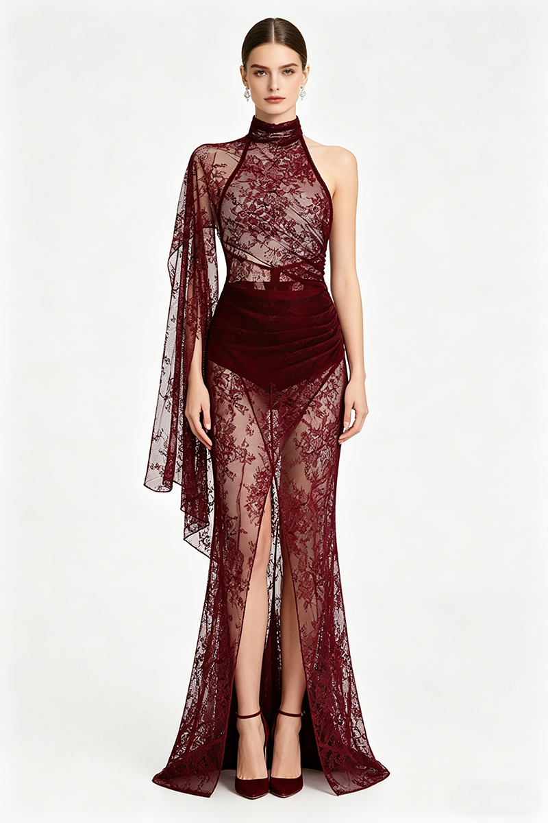 Lace Open-Back Cape-effect Maxi Dress in Cabernet