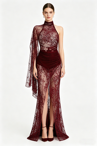 Lace Open-Back Cape-effect Maxi Dress in Cabernet