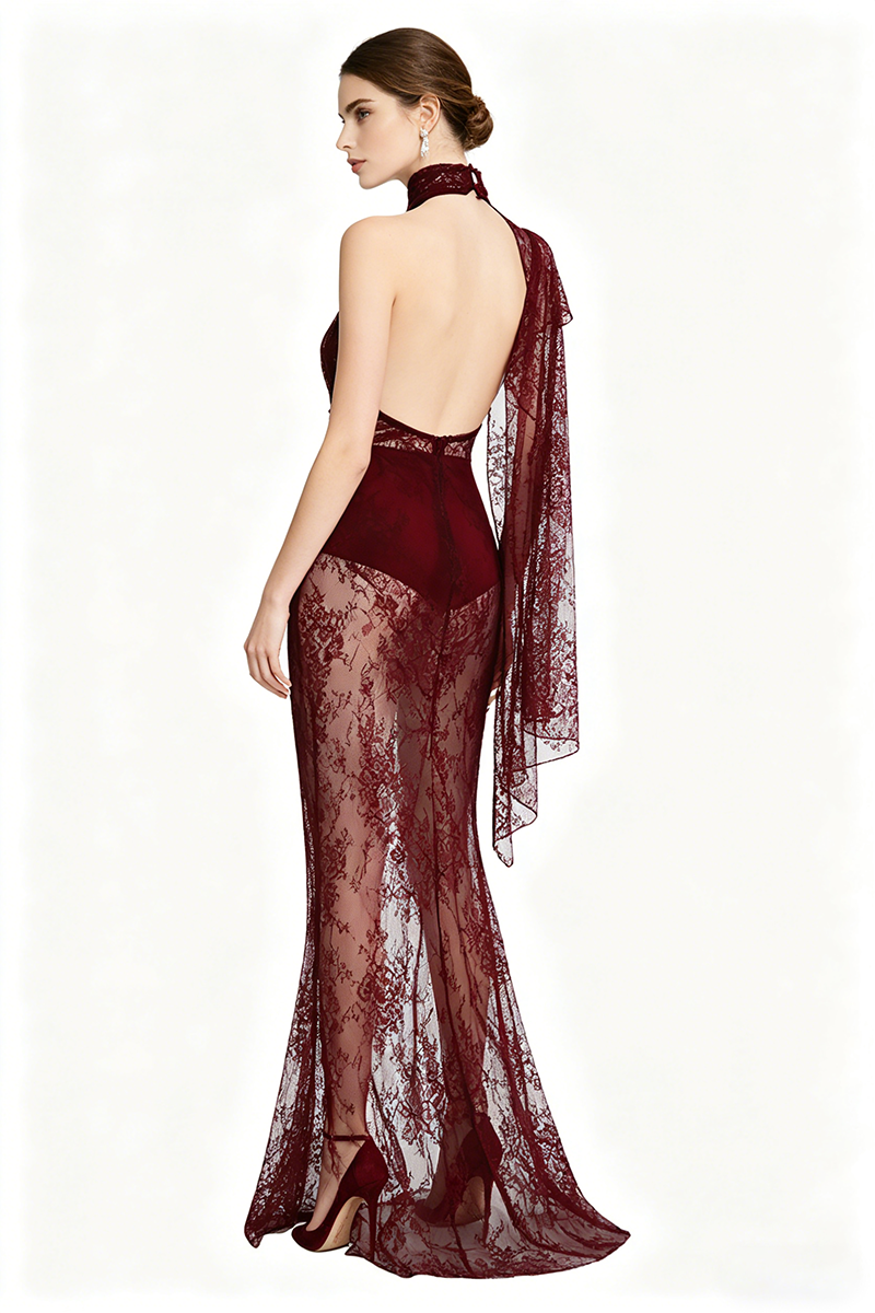 Lace Open-Back Cape-effect Maxi Dress in Cabernet