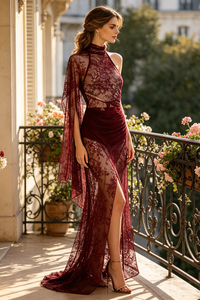 Lace Open-Back Cape-effect Maxi Dress in Cabernet