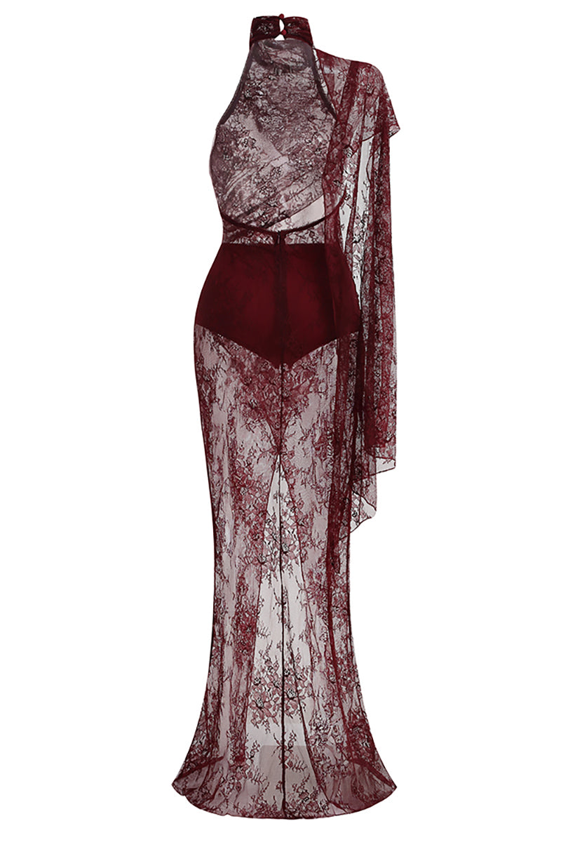 Lace Open-Back Cape-effect Maxi Dress in Cabernet CHICIDA Lace Open-Back Cape-effect Maxi Dress in Cabernet CHICIDA