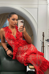 Lace Ruffles Midi Dress in Red