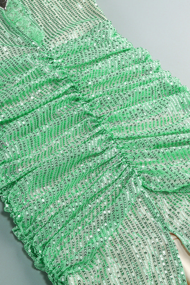 Lace Sequin-embroidered Ruched Slit Gown