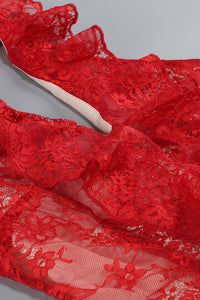 Lace Ruffles Midi Dress in Red