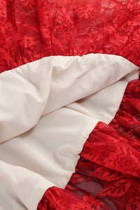 Lace Ruffles Midi Dress in Red