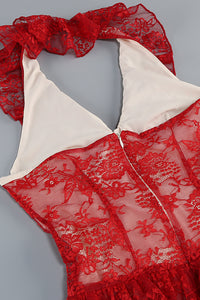 Lace Ruffles Midi Dress in Red