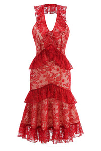 Lace Ruffles Midi Dress in Red