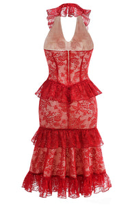 Lace Ruffles Midi Dress in Red