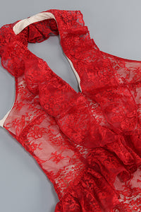 Lace Ruffles Midi Dress in Red