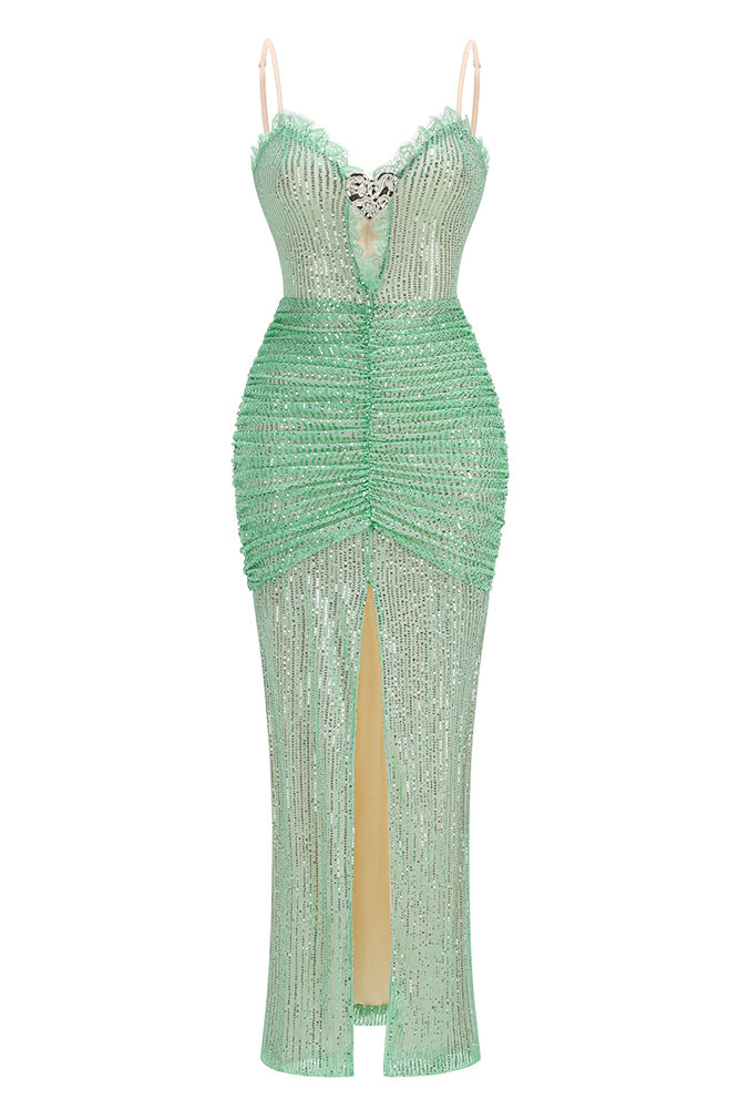 Lace Sequin-embroidered Ruched Slit Gown