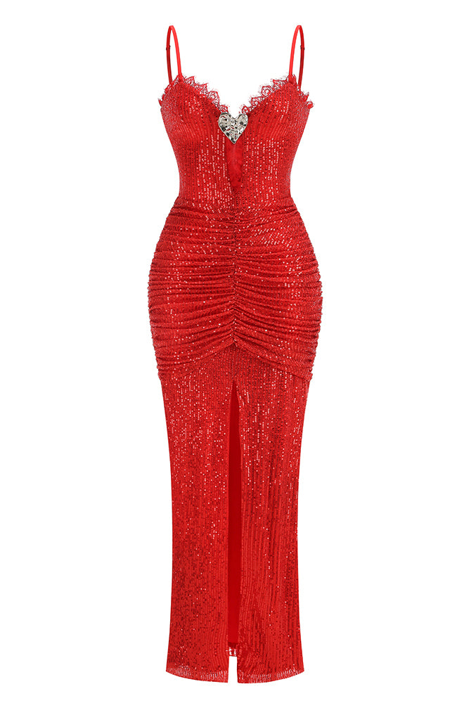 Lace Sequin-embroidered Ruched Slit Gown