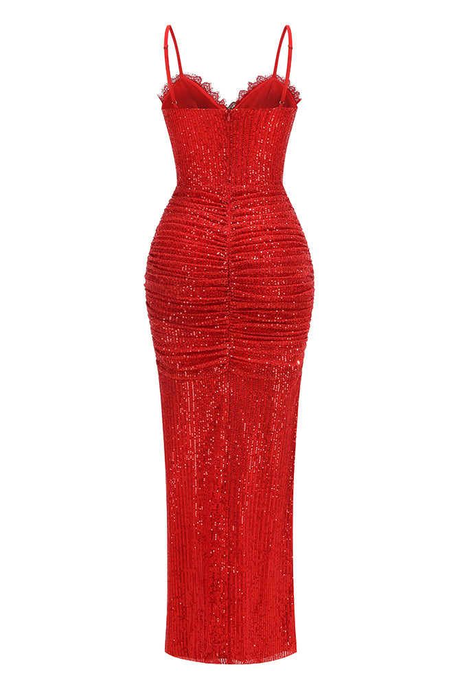 Lace Sequin-embroidered Ruched Slit Gown