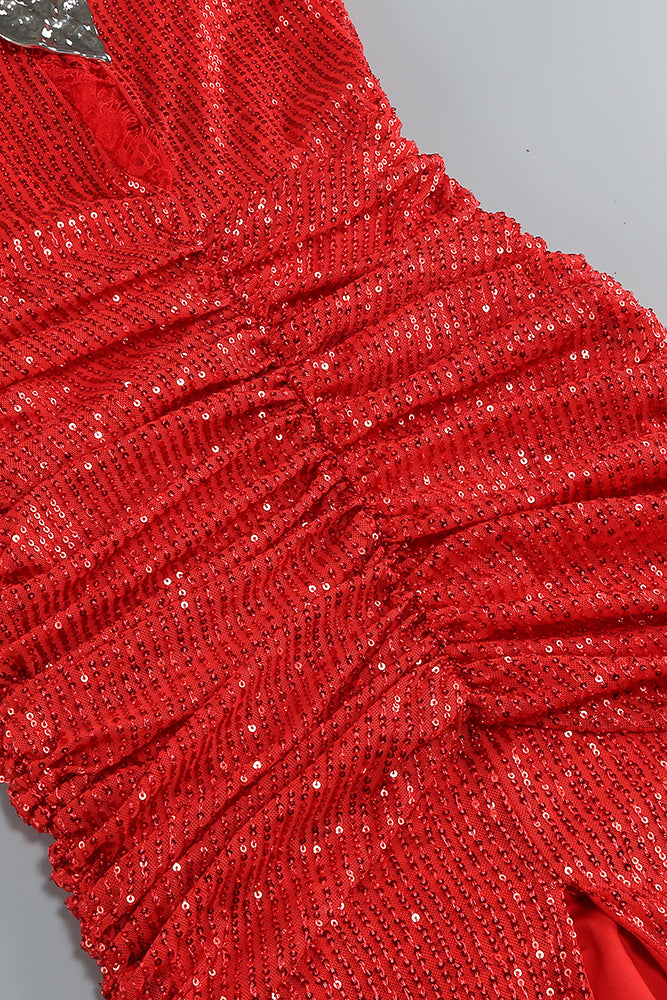 Lace Sequin-embroidered Ruched Slit Gown