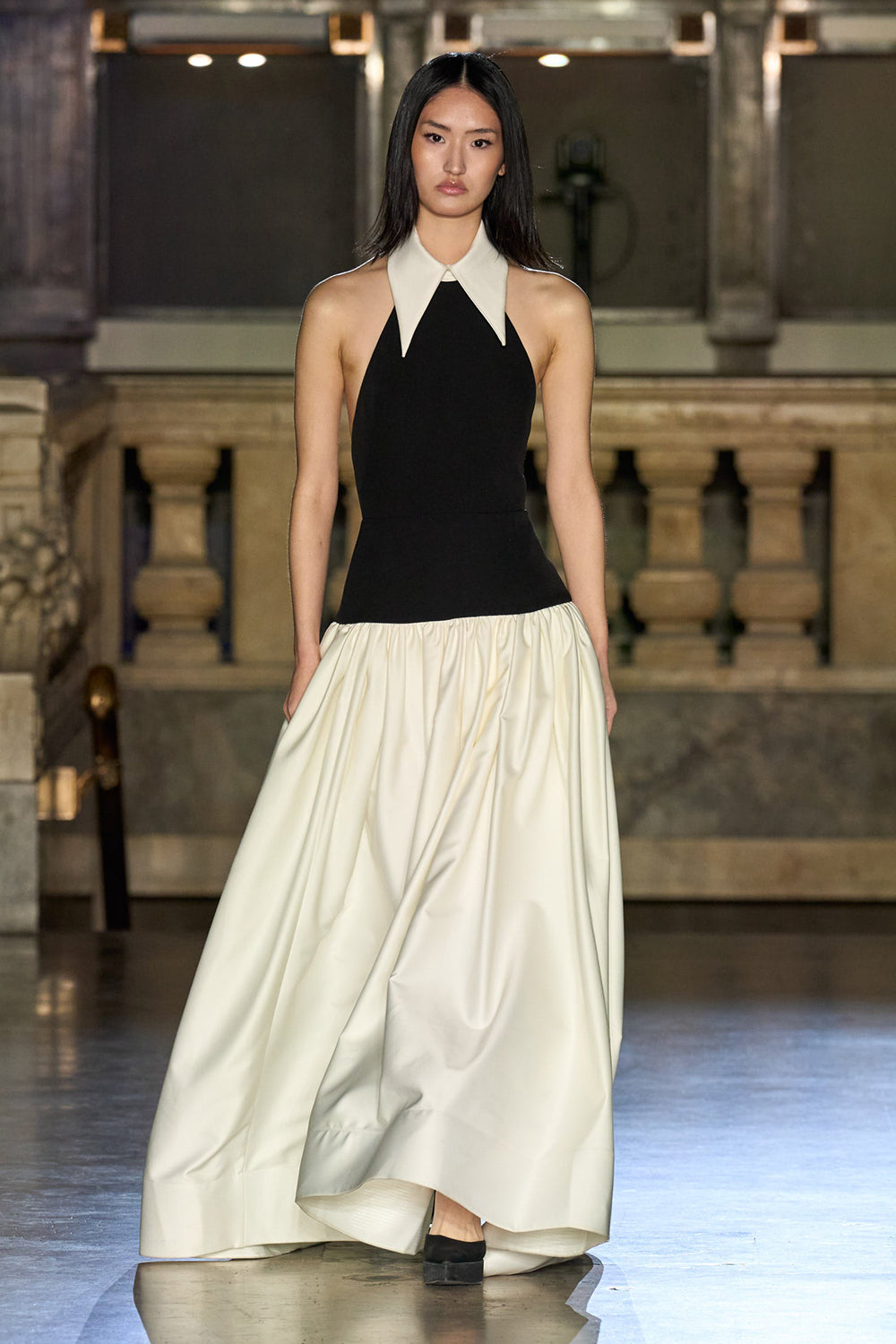 Lapel Fake Open Back A-Line Gown