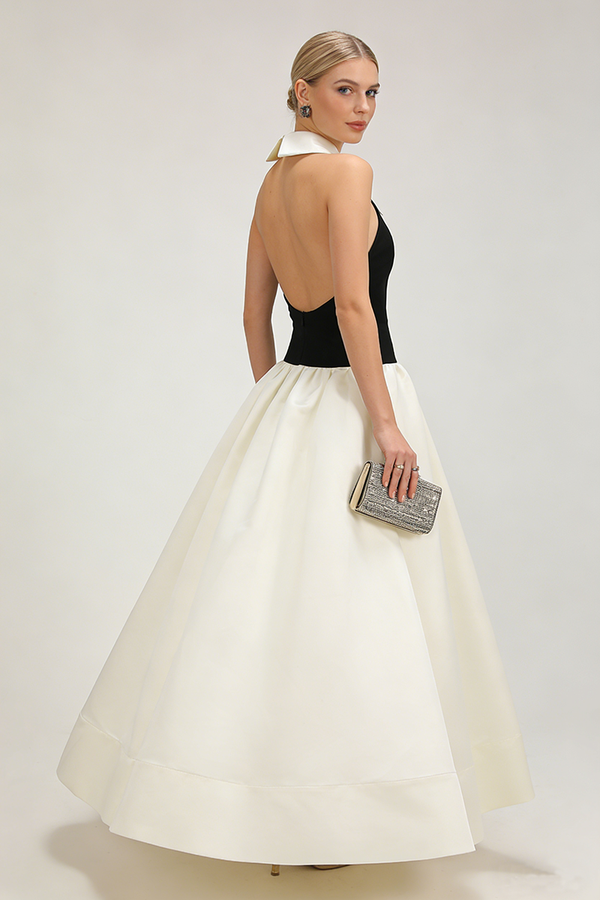 Lapel Fake Open Back A-Line Gown