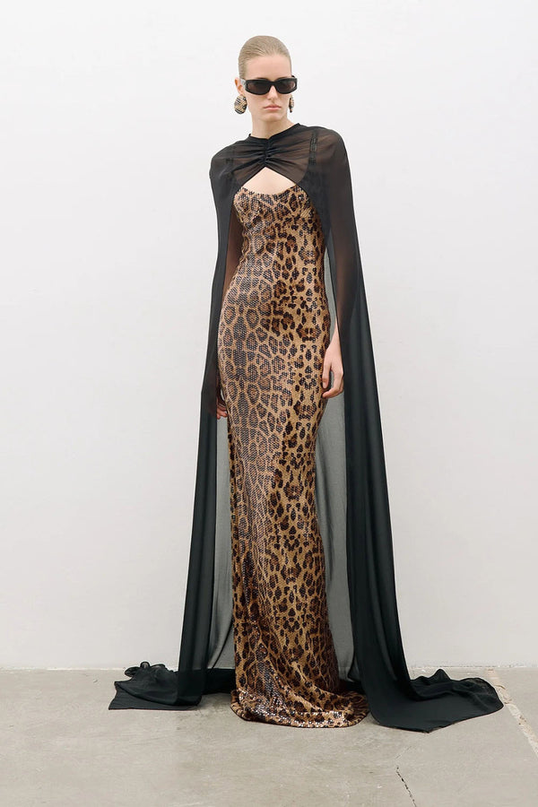 Leopard-print Caped Gown