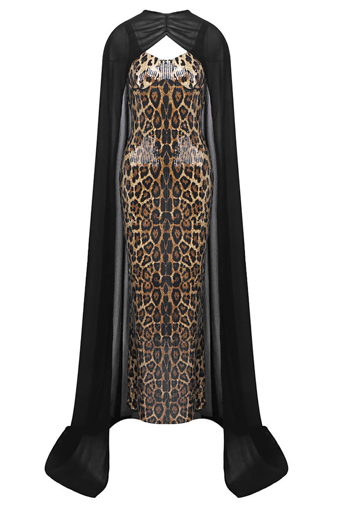 Leopard-print Caped Gown