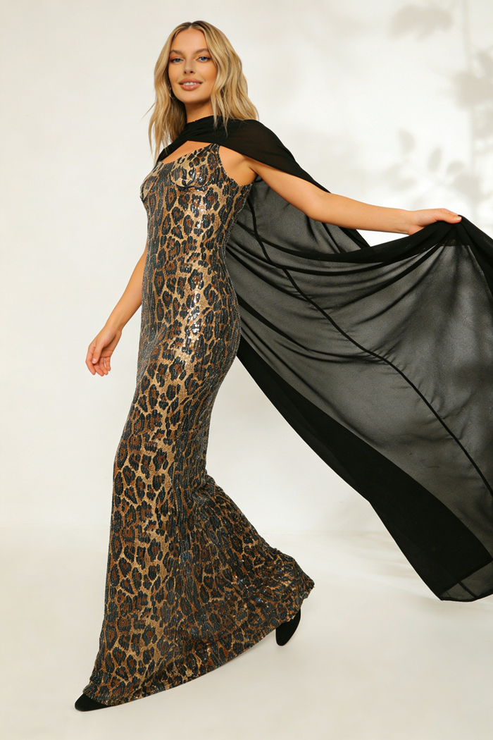 Leopard-print Caped Gown
