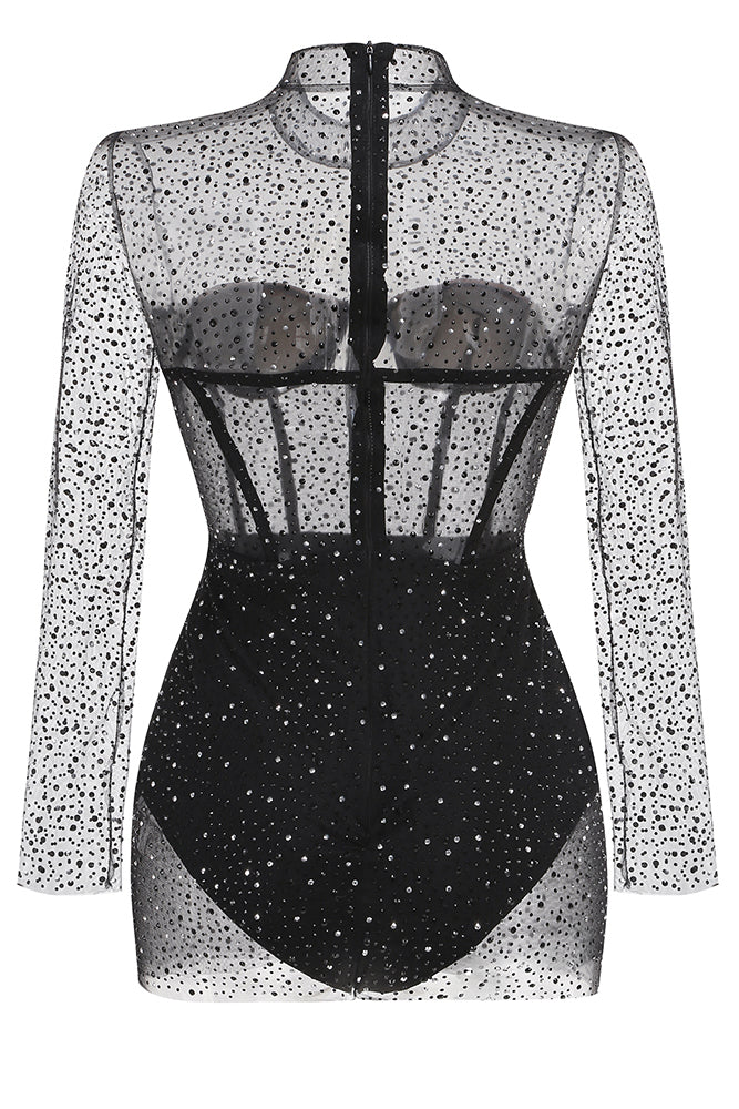 Long Sleeve Crystal Embellished Mesh Dress