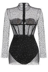 Long Sleeve Crystal Embellished Mesh Dress