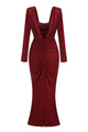 Long Sleeve Draped Bustier Maxi Dress in Burgundy