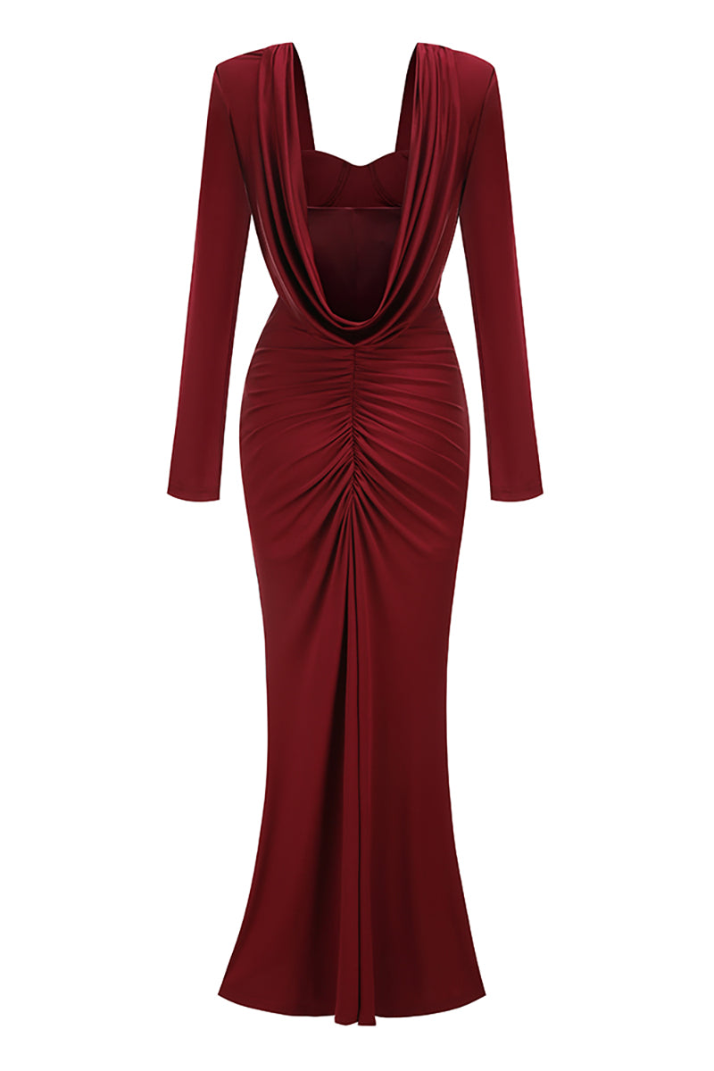 Long Sleeve Draped Bustier Maxi Dress in Burgundy