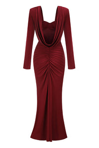 Long Sleeve Draped Bustier Maxi Dress in Burgundy