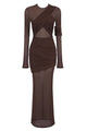 Long Sleeve Draped Mesh Maxi Dress