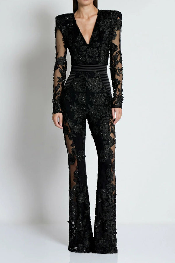 Long Sleeve Lace Floral Flare Jumpsuit