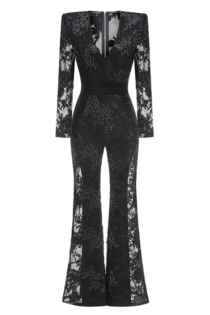 Long Sleeve Lace Floral Flare Jumpsuit