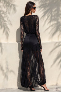 Long Sleeve Lace Wrap Maxi Dress in Black