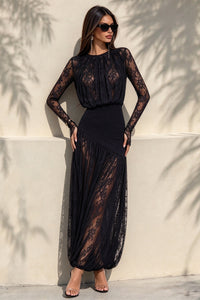 Long Sleeve Lace Wrap Maxi Dress in Black