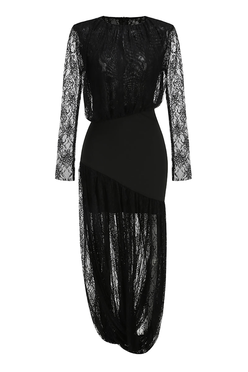 Long Sleeve Lace Wrap Maxi Dress in Black