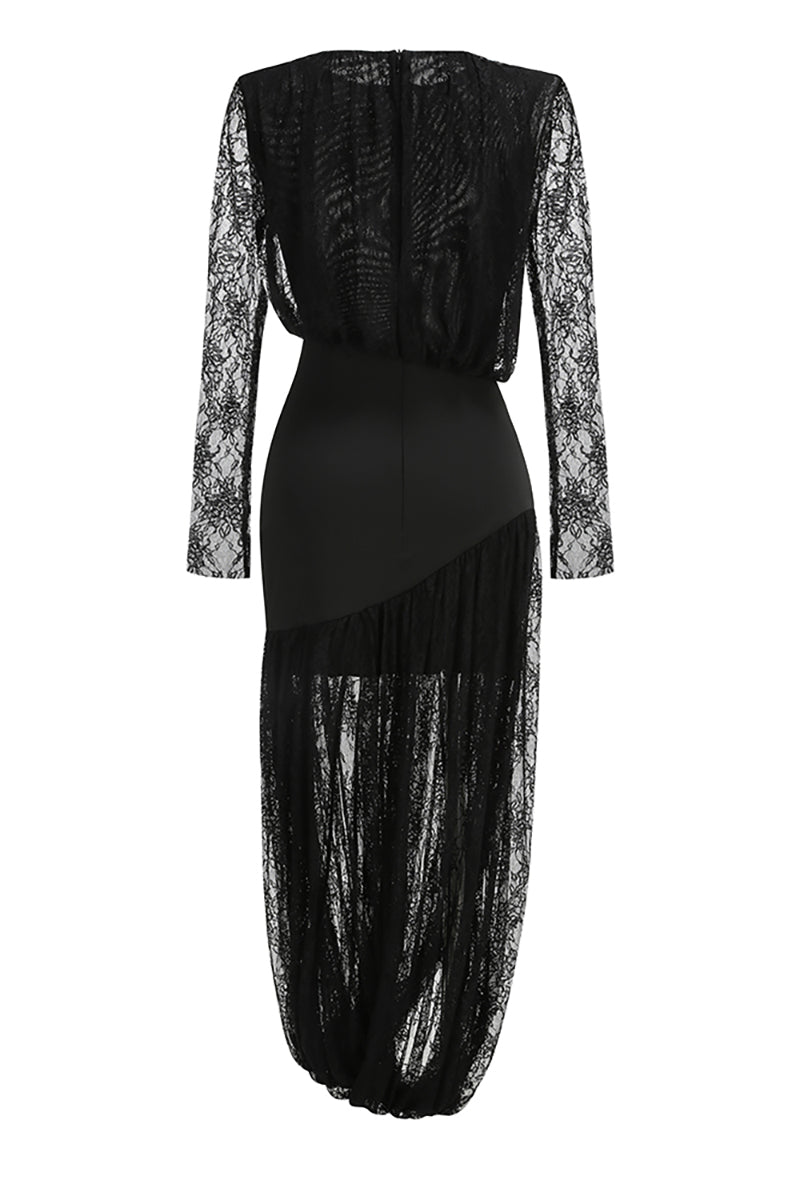 Long Sleeve Lace Wrap Maxi Dress in Black