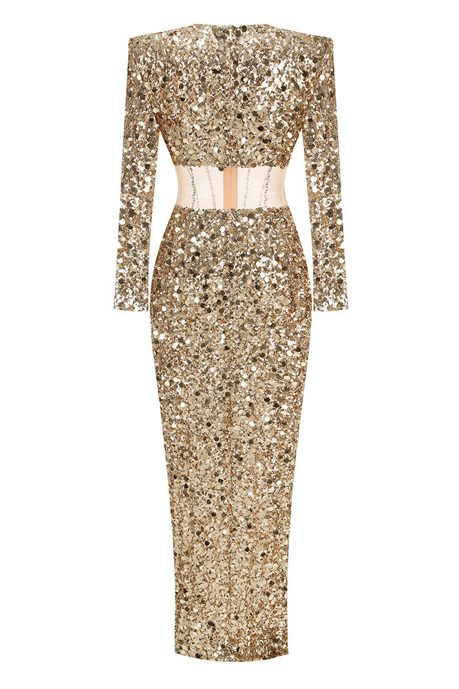 Long Sleeve Sequin Slit Maxi Dress