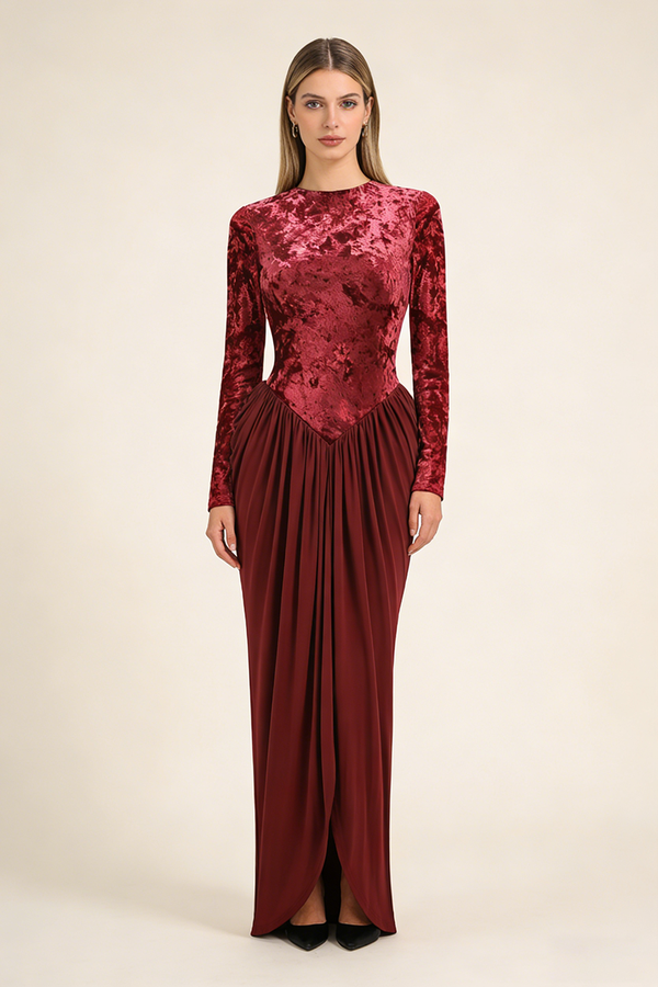 Long Sleeve Velvet Draped Gown