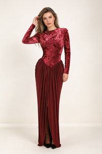 Long Sleeve Velvet Draped Gown