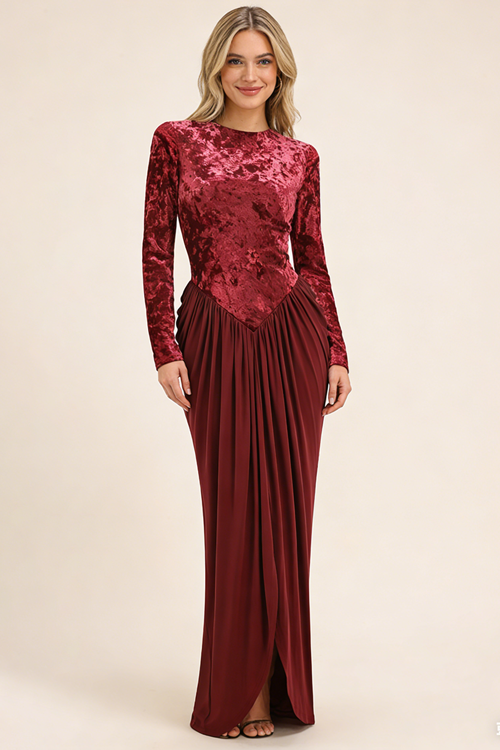 Long Sleeve Velvet Draped Gown