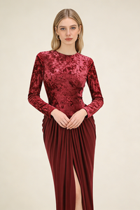 Long Sleeve Velvet Draped Gown