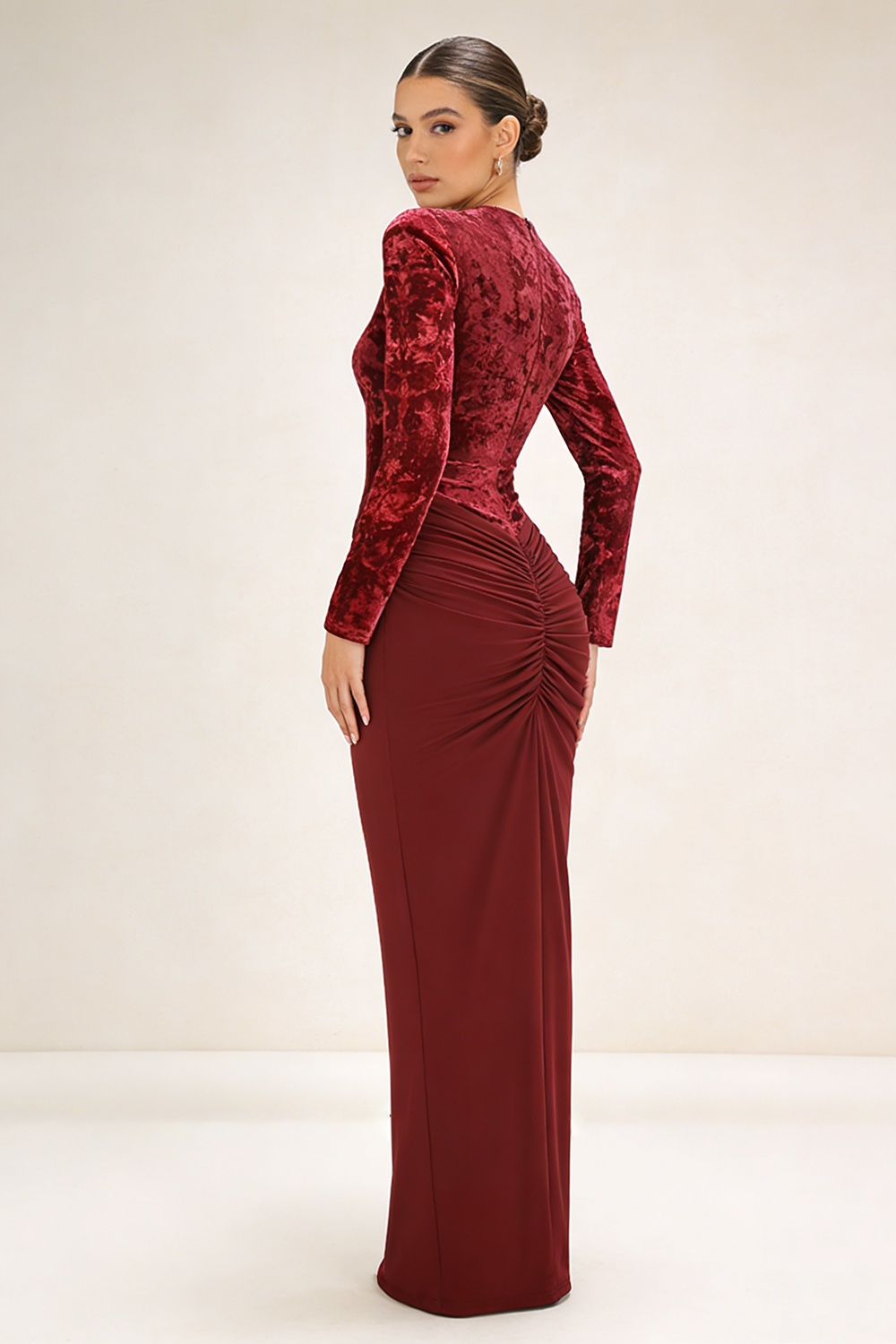 Long Sleeve Velvet Draped Gown