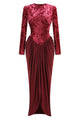 Long Sleeve Velvet Draped Gown in Oxblood Red
