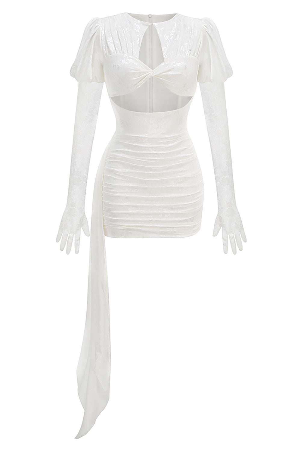 Cut Out Pleated Lace Mini Dress With Gloves in White