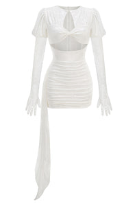 Cut Out Pleated Lace Mini Dress in White With Gloves