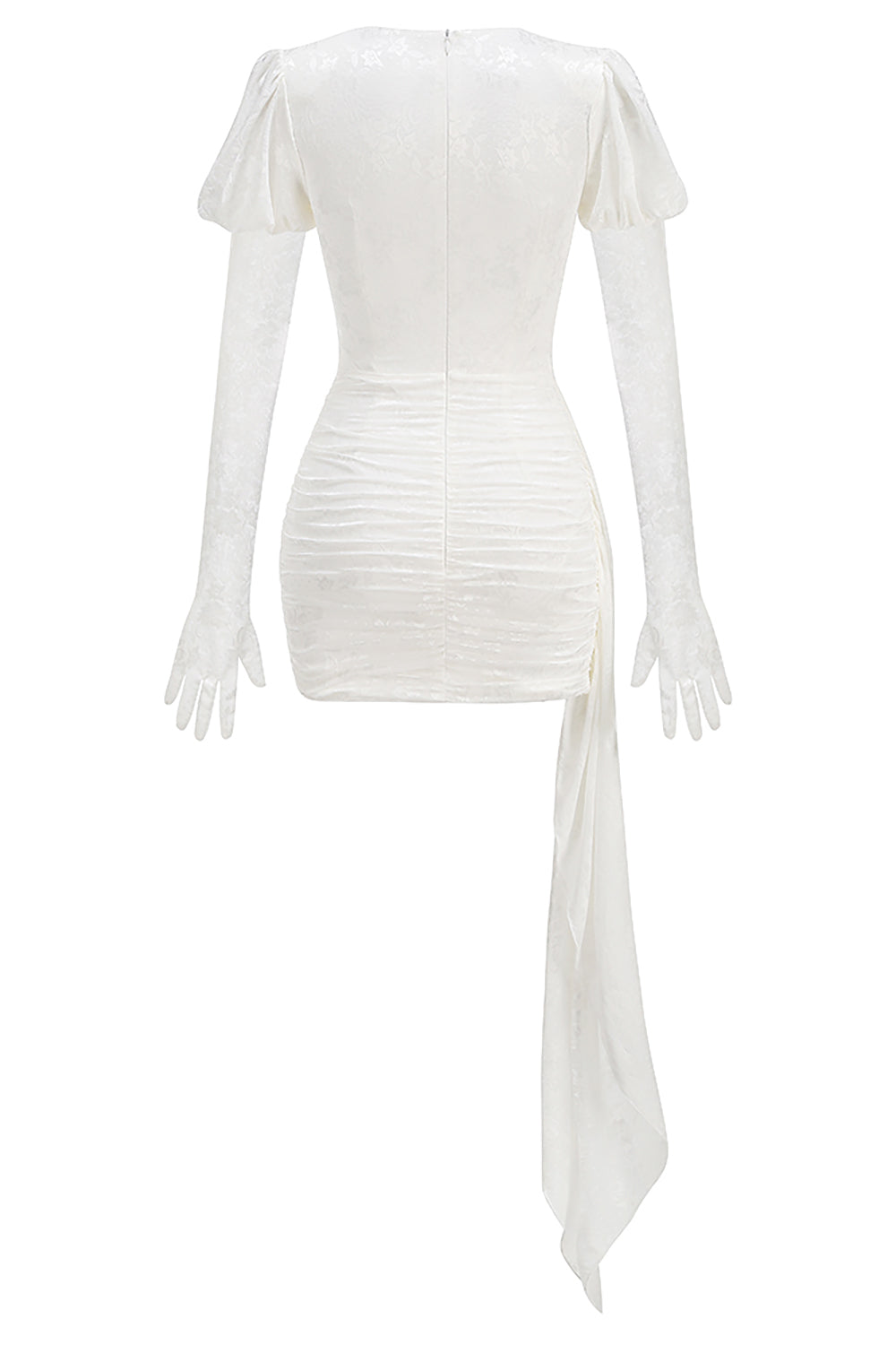 Cut Out Pleated Lace Mini Dress in White With Gloves