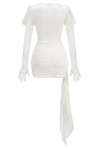 Cut Out Pleated Lace Mini Dress in White With Gloves